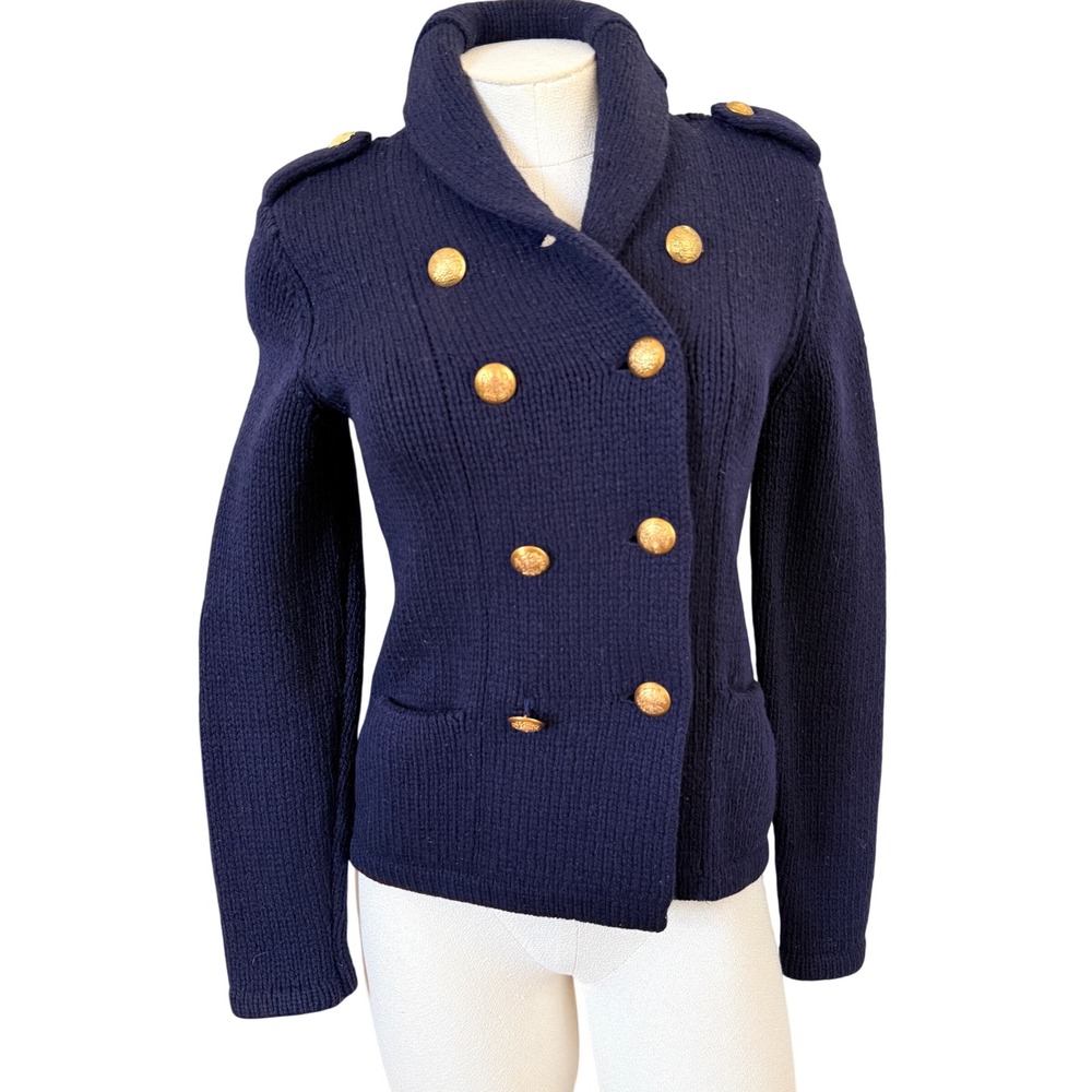 Lauren Ralph Lauren Navy Wool Cashmere Double Breasted Crest Button Cardigan XS